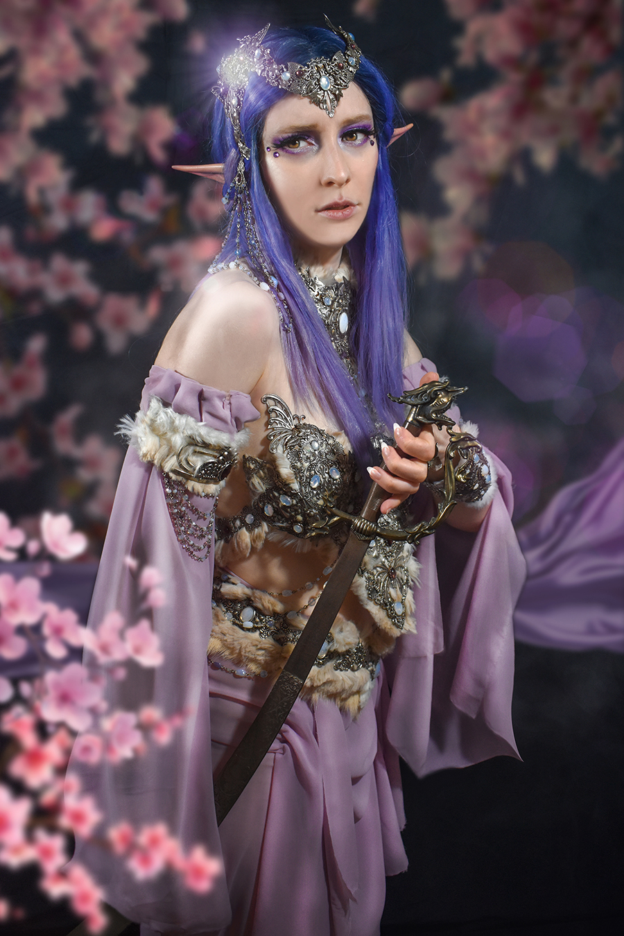 samurai girl elve holding saber with cherry blossom sakura background