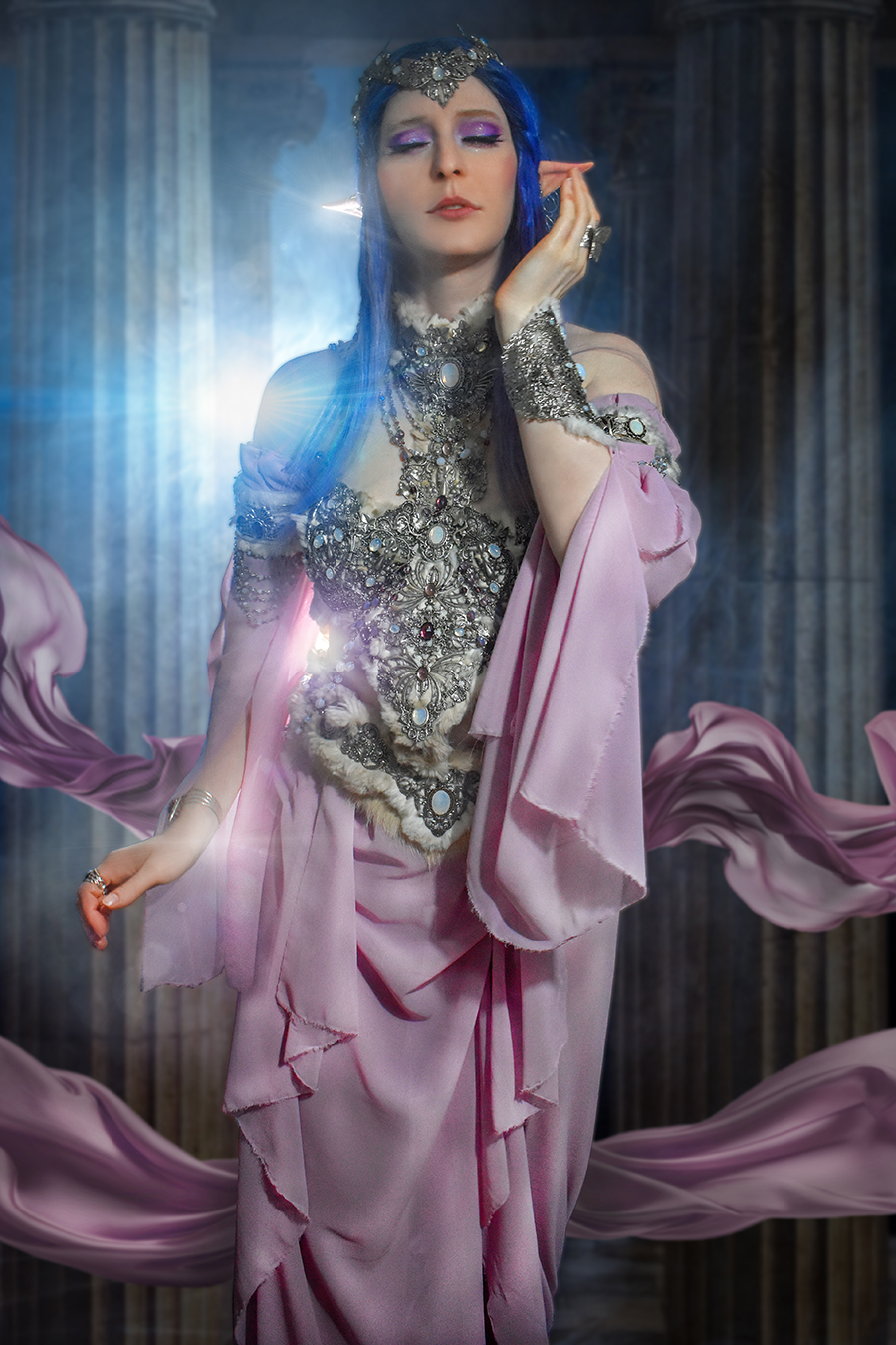 romantic elve lady in antic ruins background