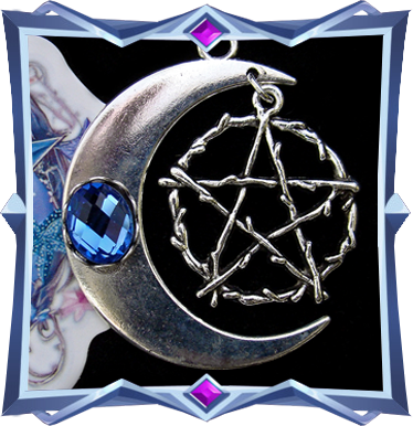 wiccan necklace with crescent and sapphire blue stone