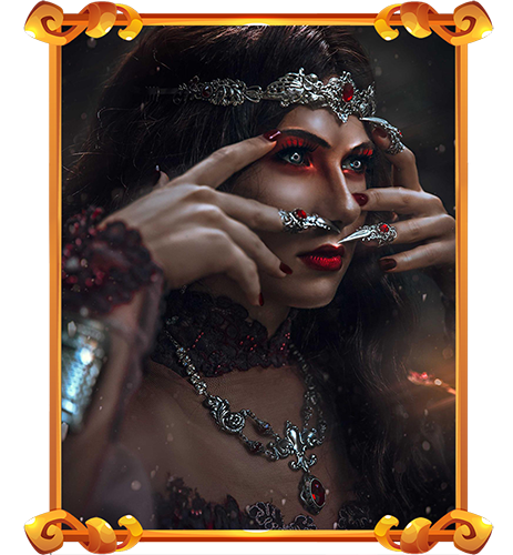 young witchy woman with red gothic jewelry