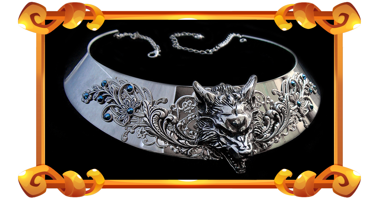 collier torque médiéval avec loup argenté