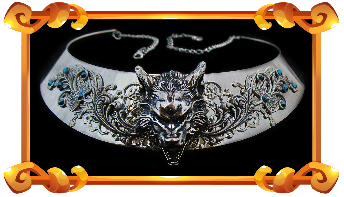 collier torque médiéval avec loup argenté